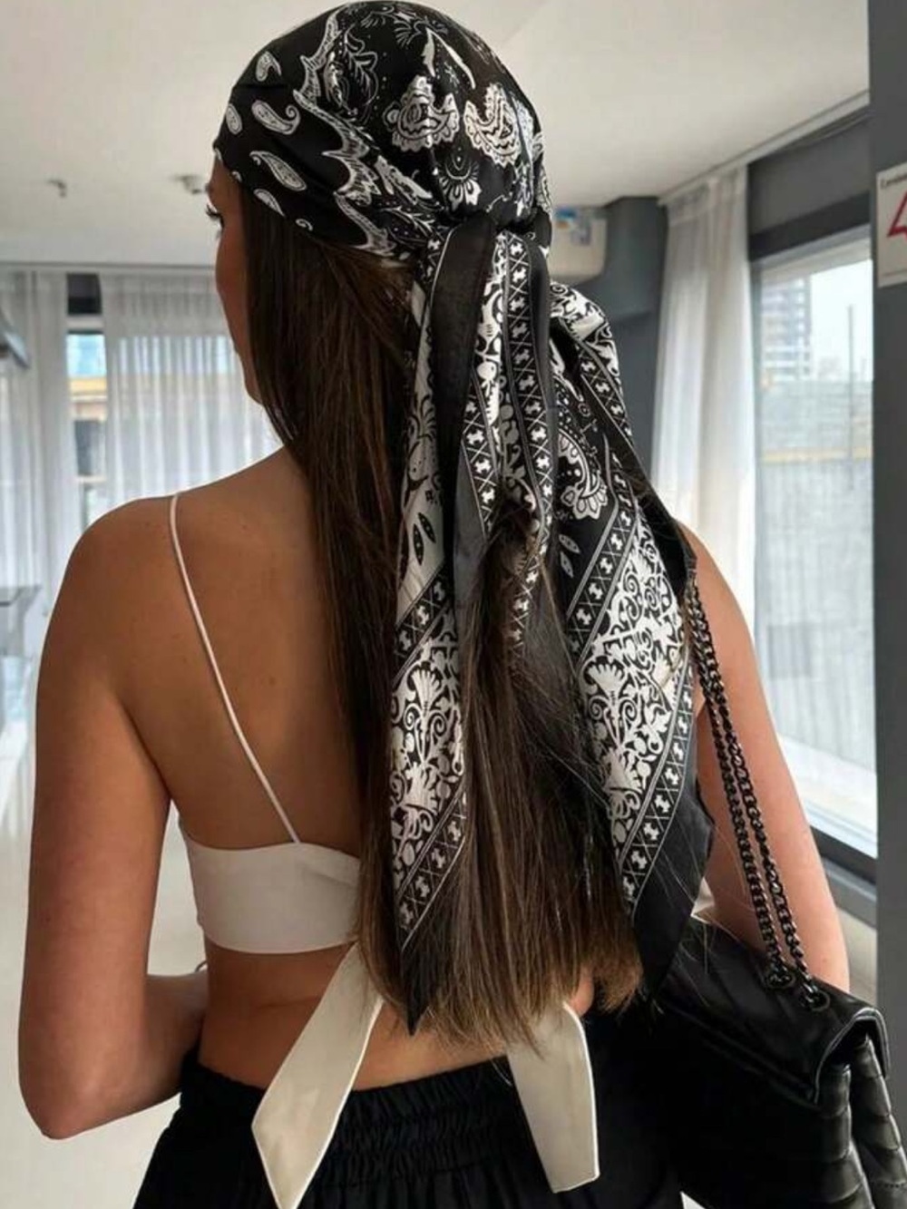 Black & White Paisley Headscarf with Chic Black Bag
